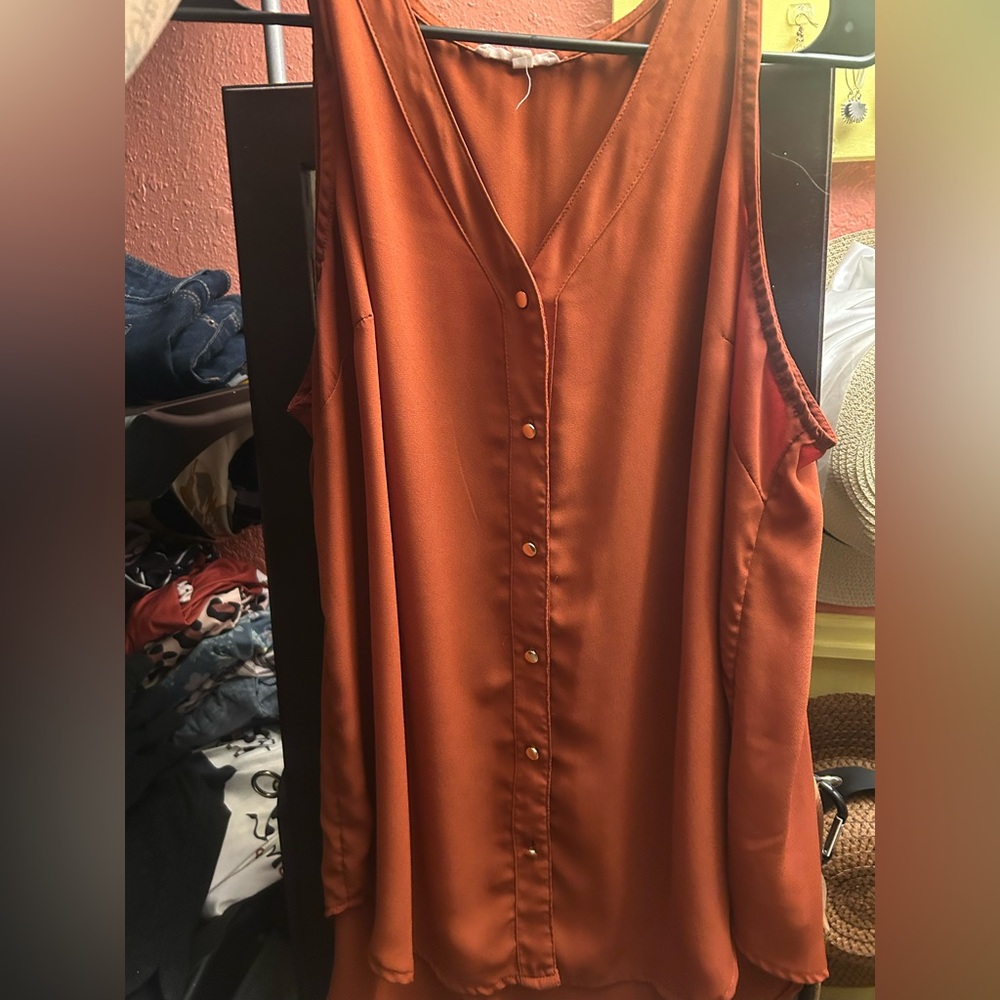 Rust Orange Sleeveless Button-Up Blouse